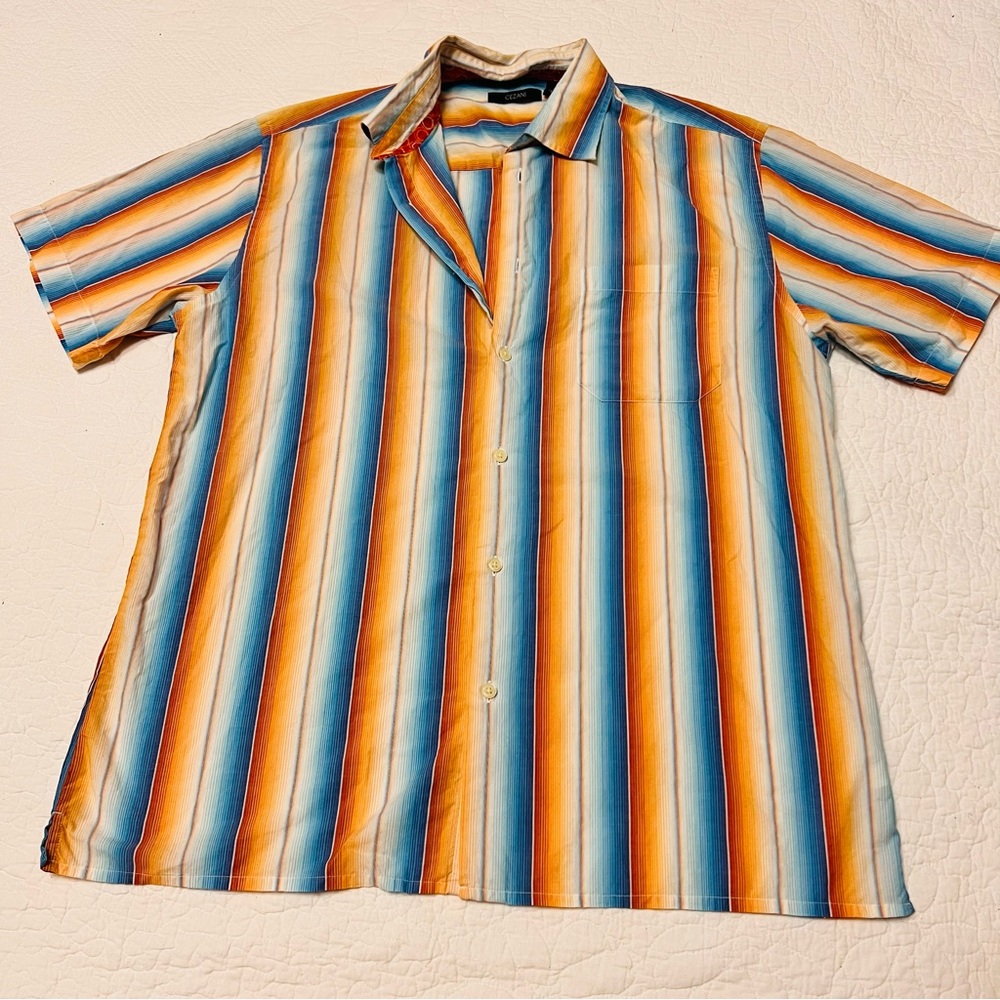 Cezani men’s short-sleeve button-up multicolor striped pattern in 70s cotton L